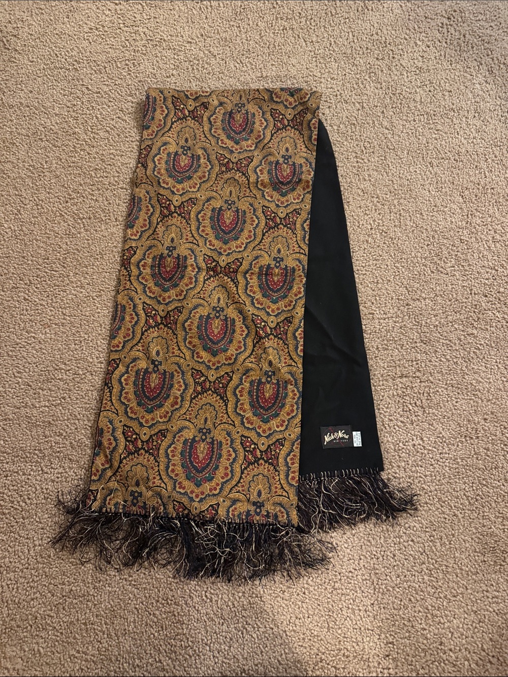 Nick & Nora Gold Paisley Scarf with Black Panel and Fringe